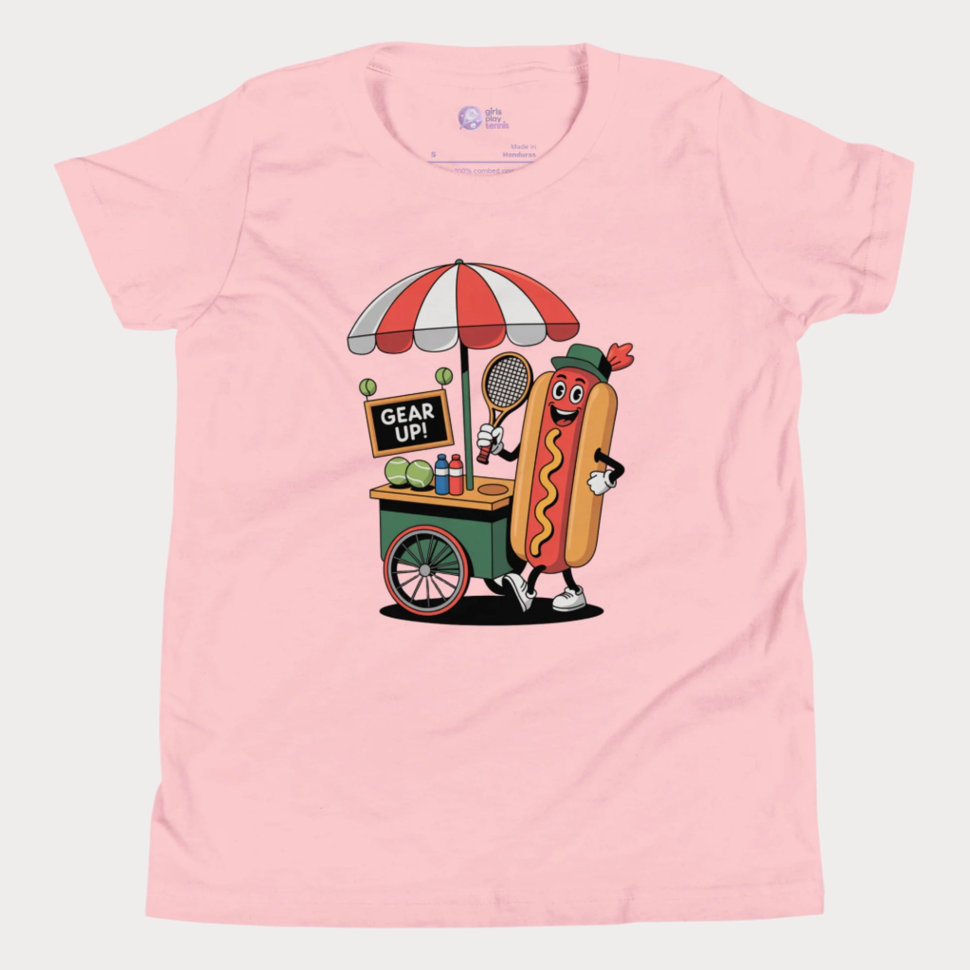 Girls Play Tennis NYC hot dog stand Gear Up tennis t-shirt for girls, hard court season New York tennis shirt