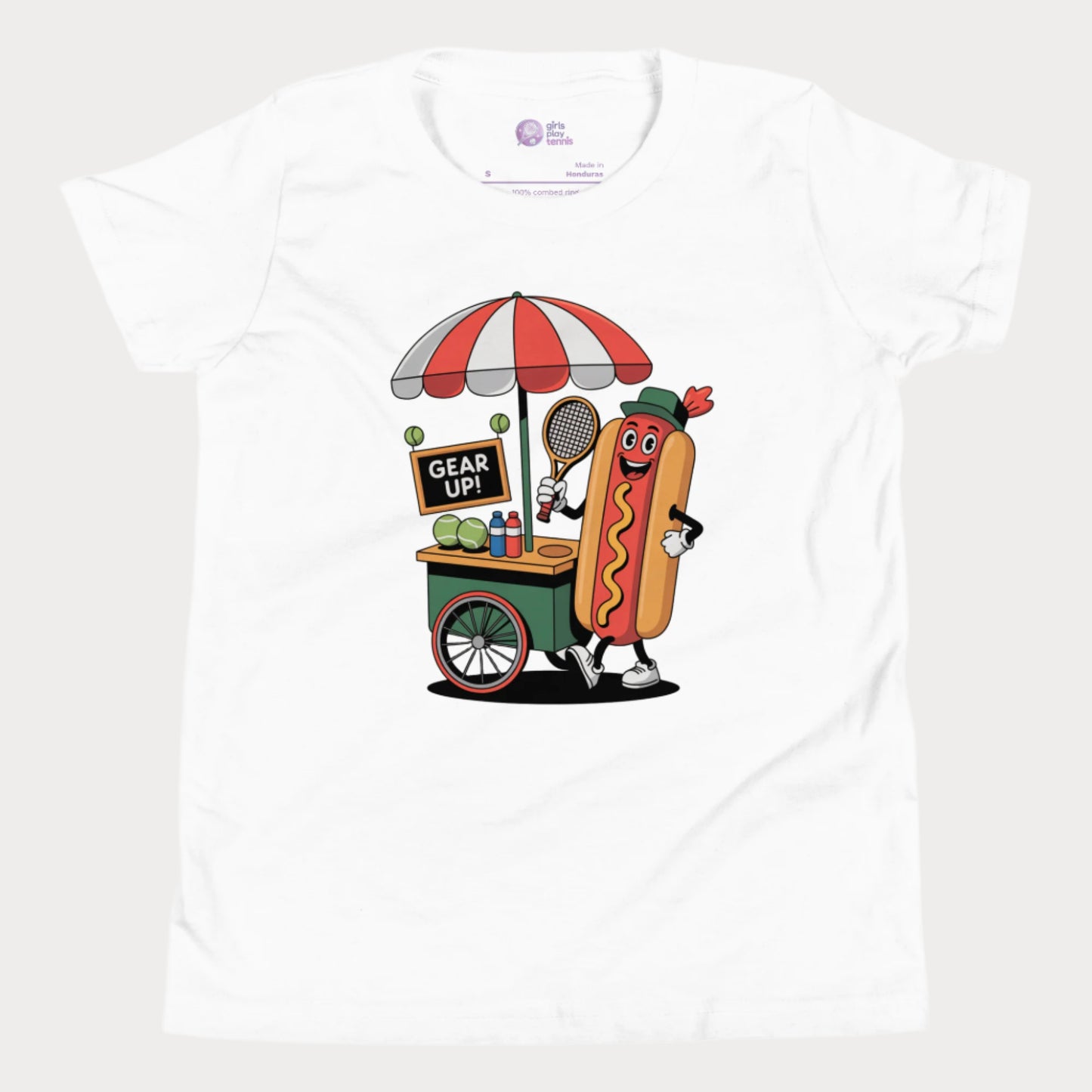 Girls Play Tennis NYC hot dog stand Gear Up tennis t-shirt for girls, hard court season New York tennis shirt