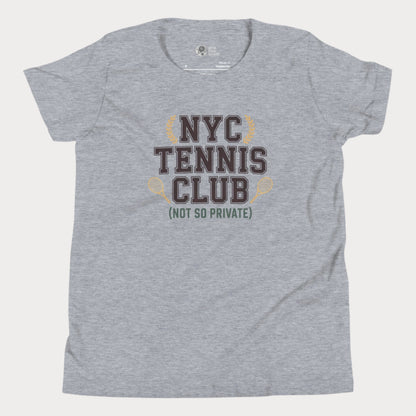 Girls tennis t-shirt with 'NYC Tennis Club (Not So Private)' slogan, inspired by New York’s summer tennis energy
