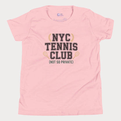 Girls tennis t-shirt with 'NYC Tennis Club (Not So Private)' slogan, inspired by New York’s summer tennis energy