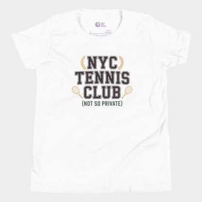 Girls tennis t-shirt with 'NYC Tennis Club (Not So Private)' slogan, inspired by New York’s summer tennis energy.
