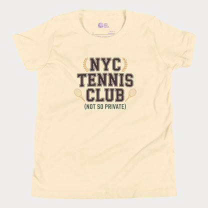 Girls tennis t-shirt with 'NYC Tennis Club (Not So Private)' slogan, inspired by New York’s summer tennis energy.