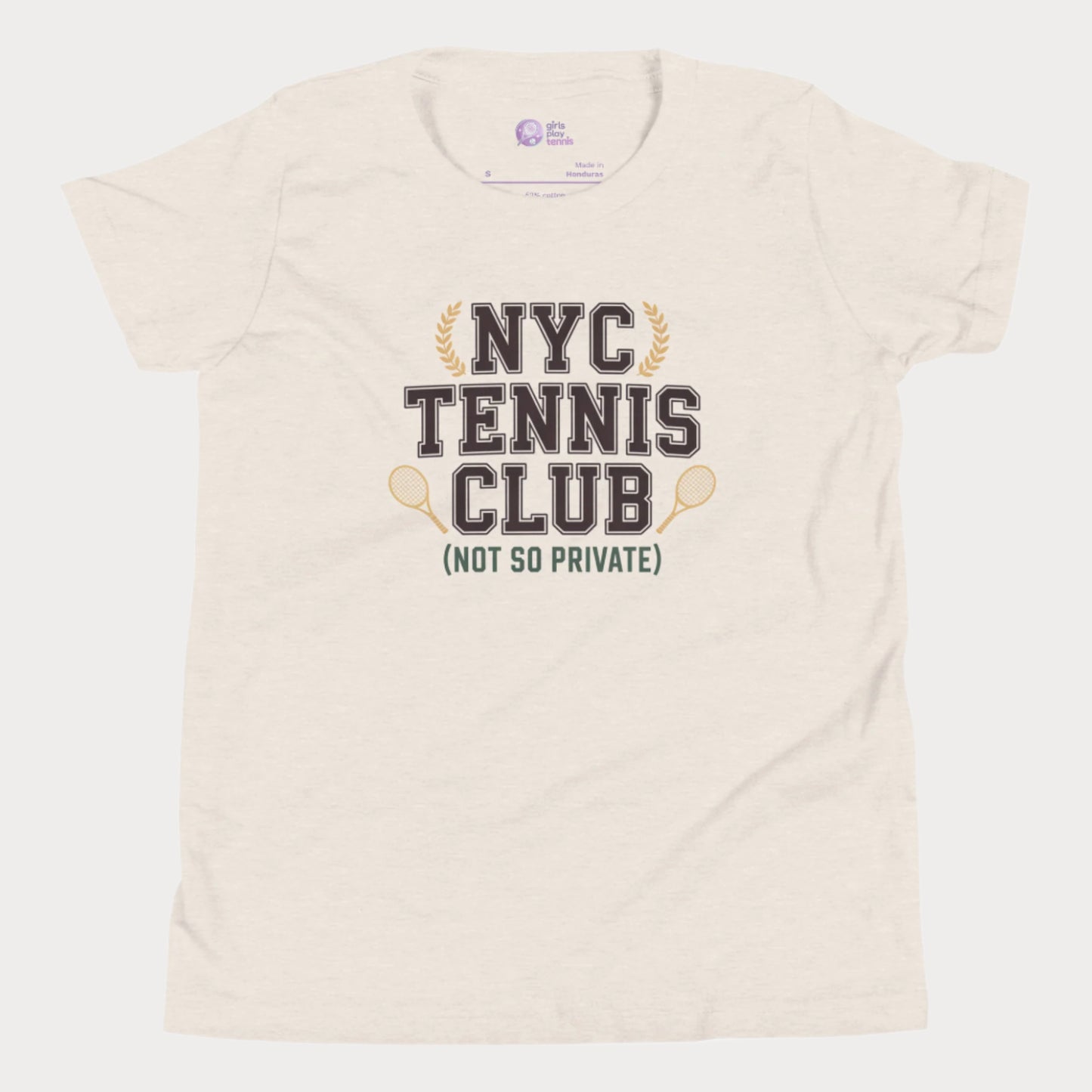Girls tennis t-shirt with 'NYC Tennis Club (Not So Private)' slogan, inspired by New York’s summer tennis energy.