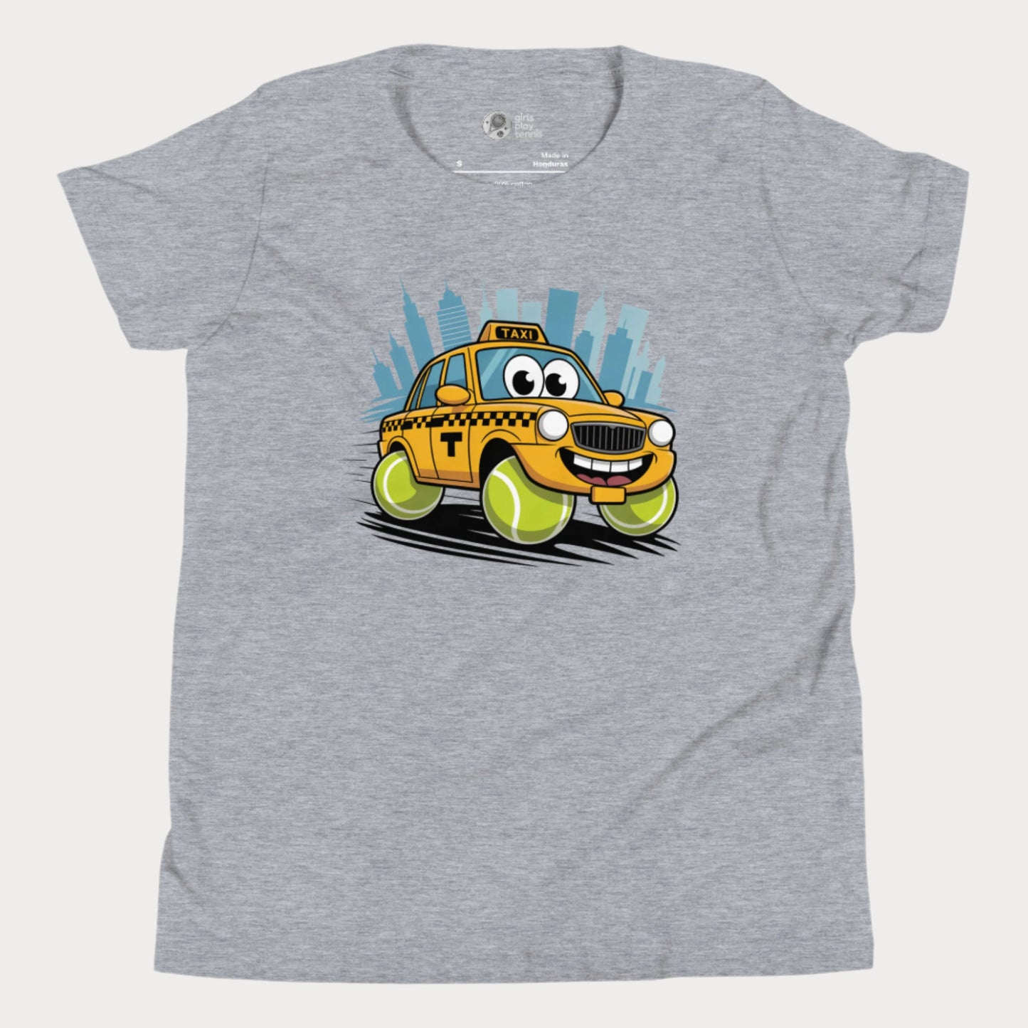 Girls' NYC taxi tennis t-shirt with yellow cab and tennis ball wheels – playful hard-court season design