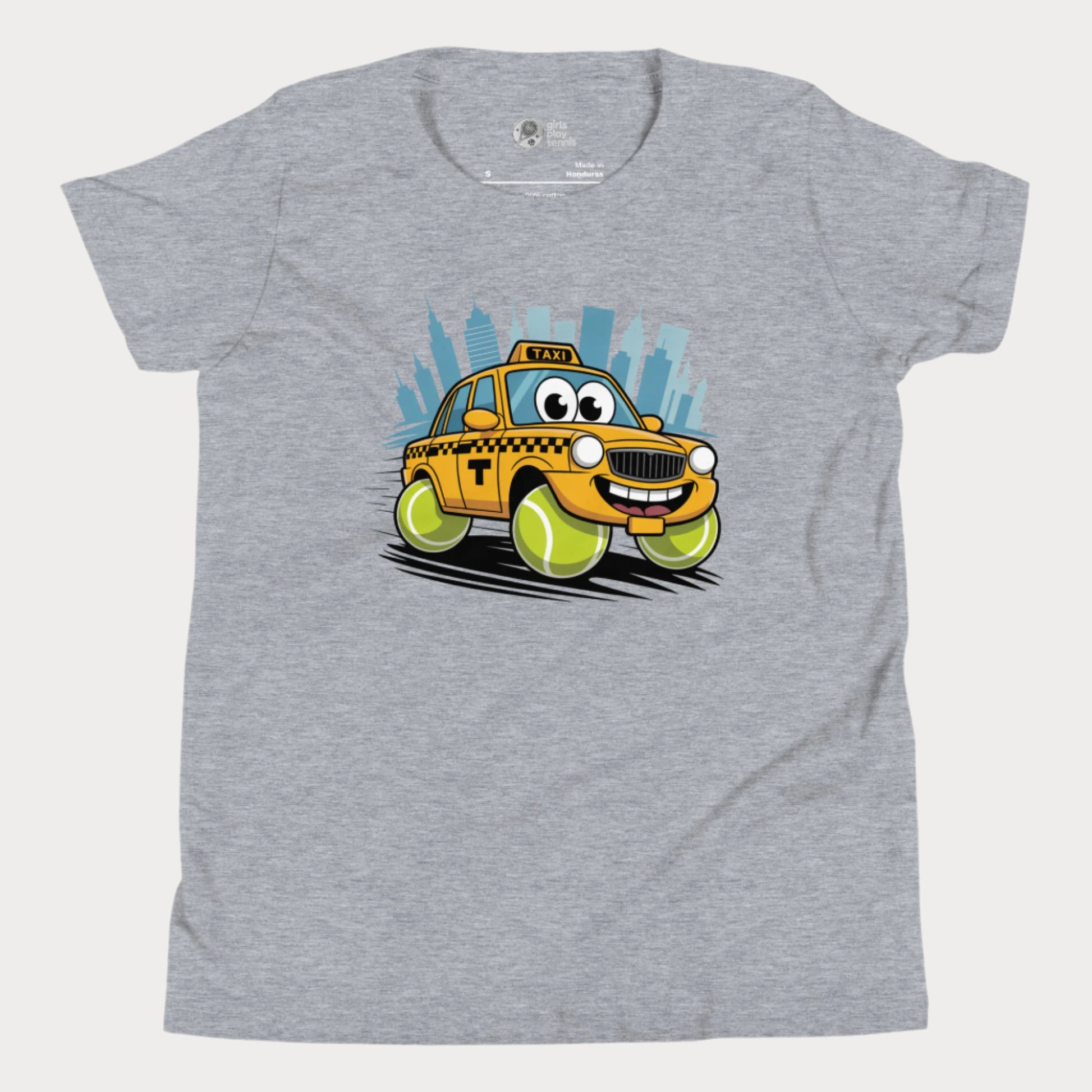 Girls' NYC taxi tennis t-shirt with yellow cab and tennis ball wheels – playful hard-court season design