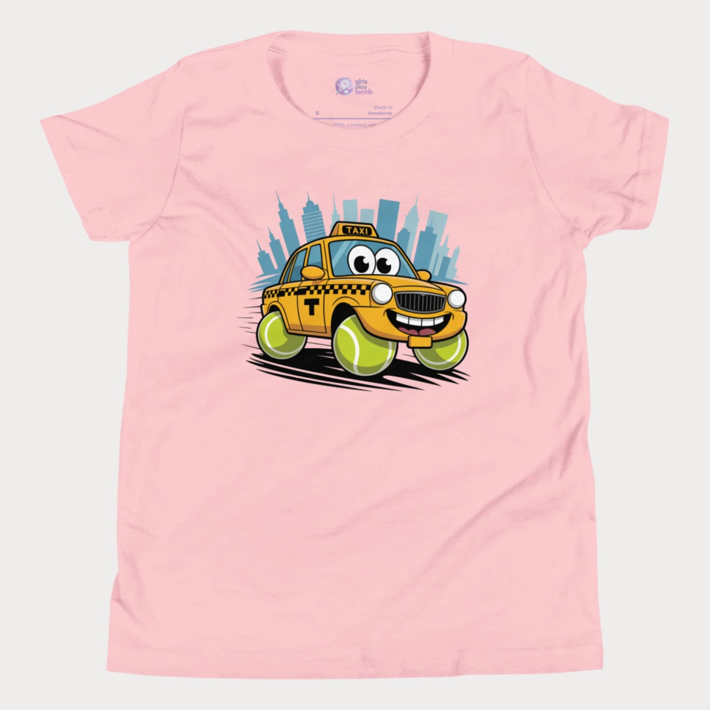 Girls' NYC taxi tennis t-shirt with yellow cab and tennis ball wheels – playful hard-court season design