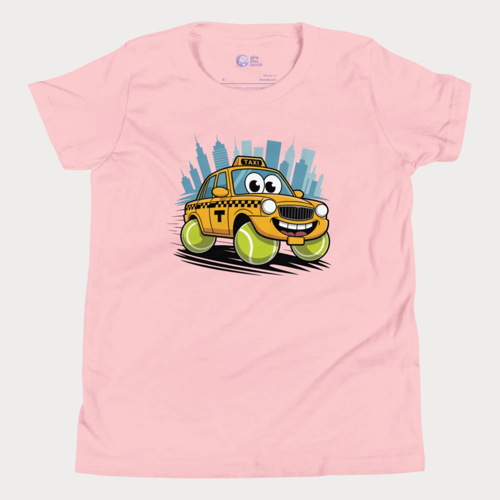 Girls' NYC taxi tennis t-shirt with yellow cab and tennis ball wheels – playful hard-court season design