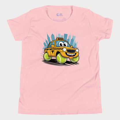 Girls' NYC taxi tennis t-shirt with yellow cab and tennis ball wheels – playful hard-court season design