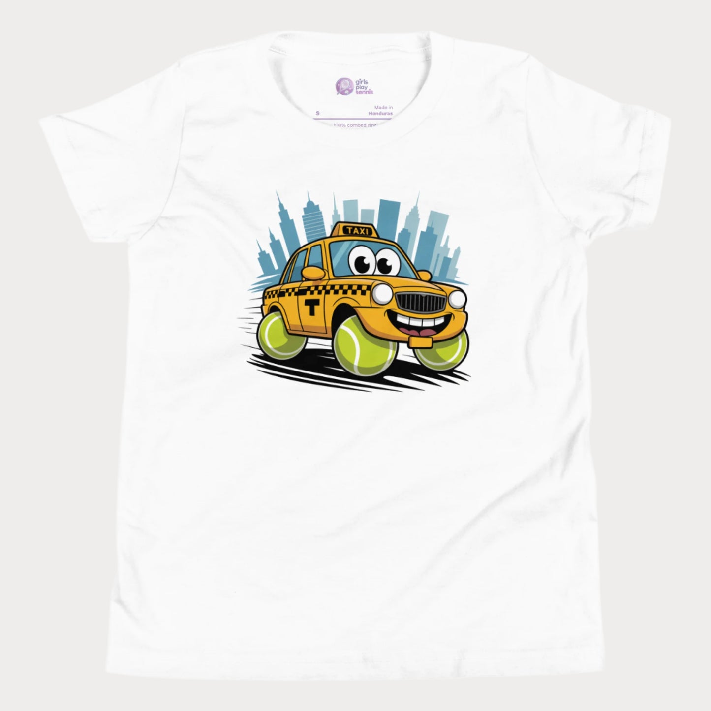 Girls' NYC taxi tennis t-shirt with yellow cab and tennis ball wheels – playful hard-court season design