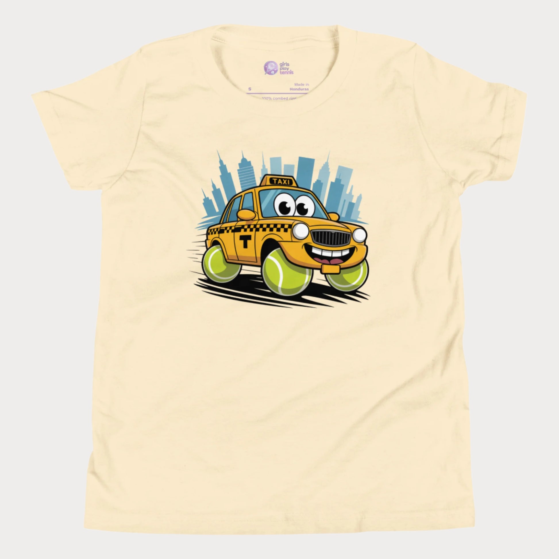 Girls' NYC taxi tennis t-shirt with yellow cab and tennis ball wheels – playful hard-court season design