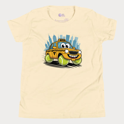 Girls' NYC taxi tennis t-shirt with yellow cab and tennis ball wheels – playful hard-court season design