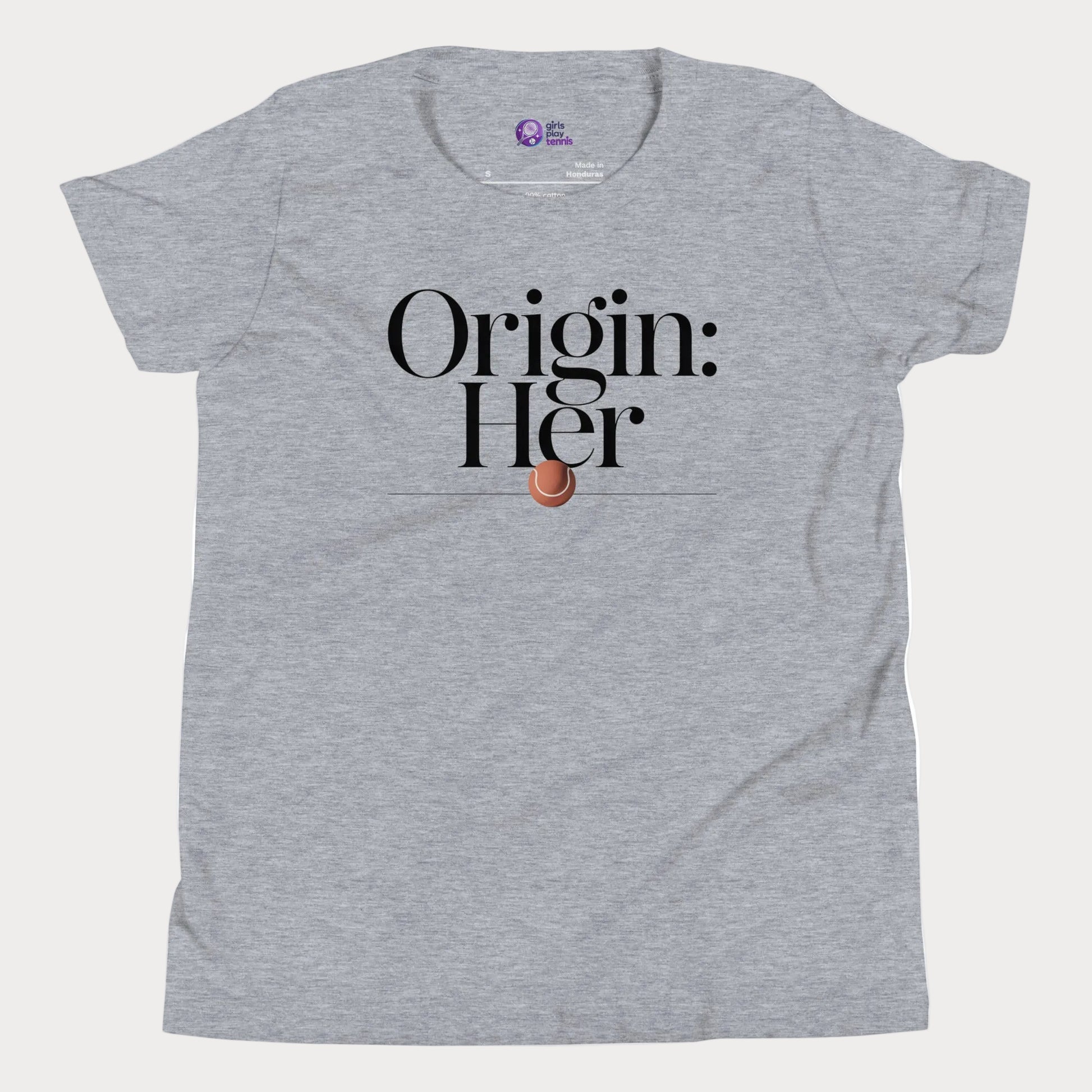 Origin Her tennis tee in athletic grey with bold black typography and tennis detail for women.