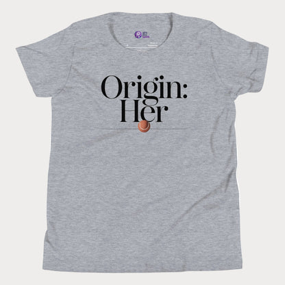 Origin Her tennis tee in athletic grey with bold black typography and tennis detail for women.