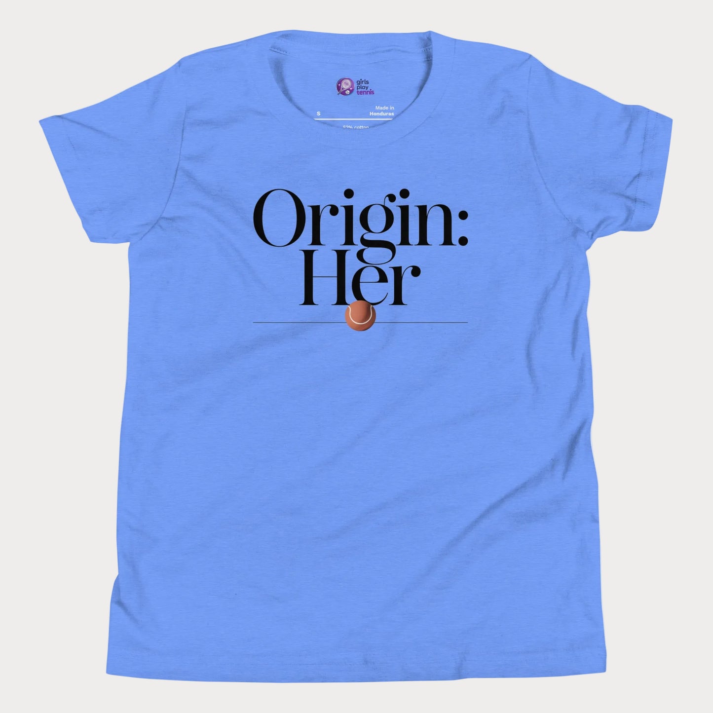 Origin Her tennis tee in blue with bold black typography and tennis detail for women