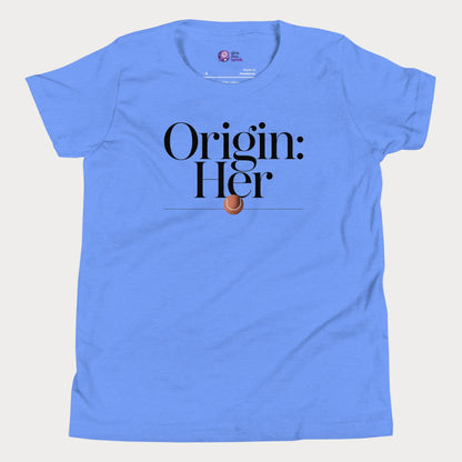 Origin Her tennis tee in blue with bold black typography and tennis detail for women