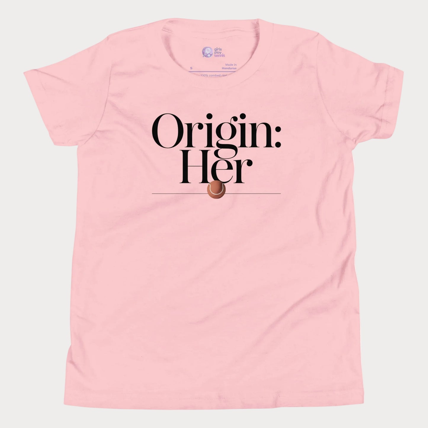 Origin Her tennis tee in soft pink with bold black typography and tennis detail for women.