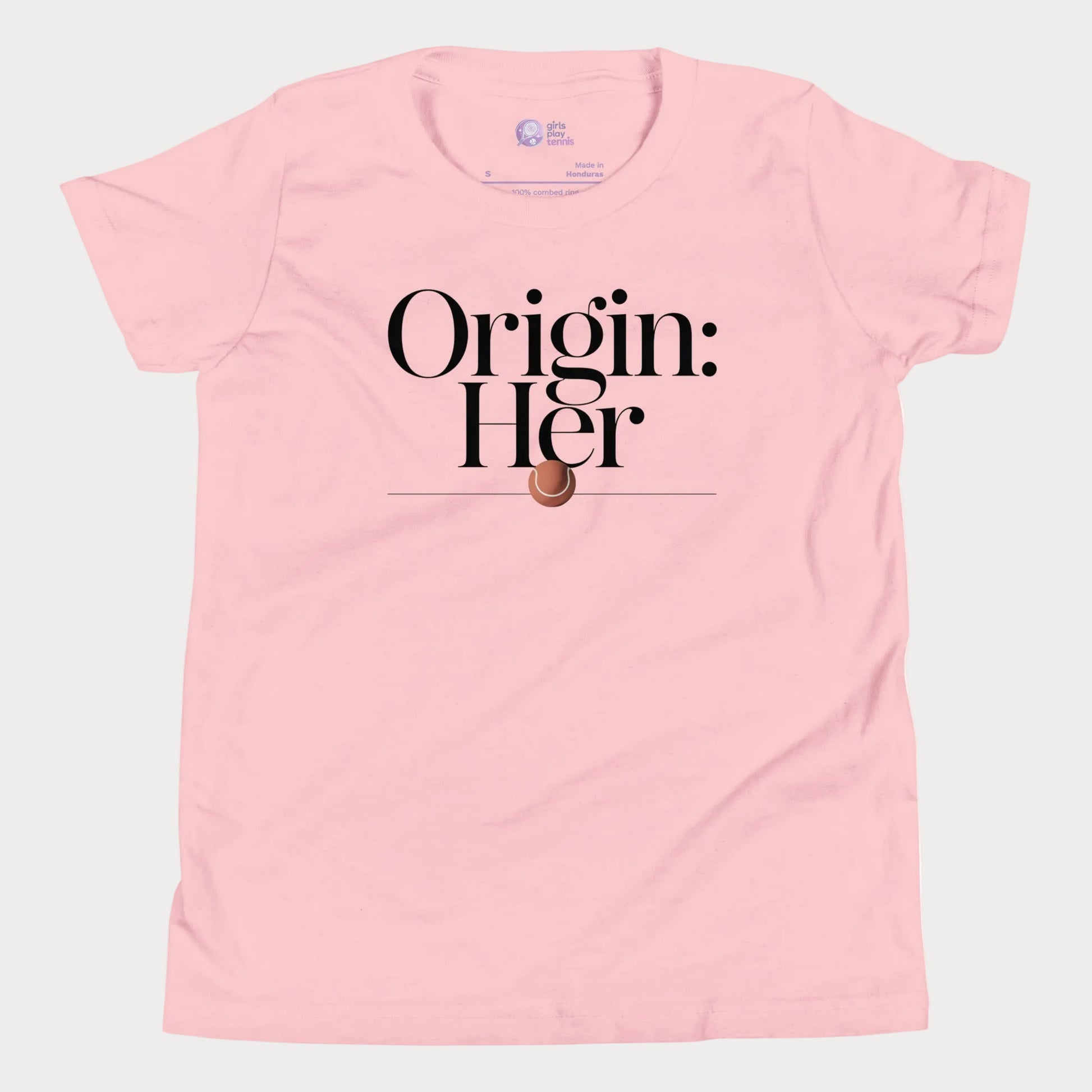 Origin Her tennis tee in soft pink with bold black typography and tennis detail for women.