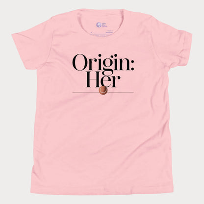 Origin Her tennis tee in soft pink with bold black typography and tennis detail for women.