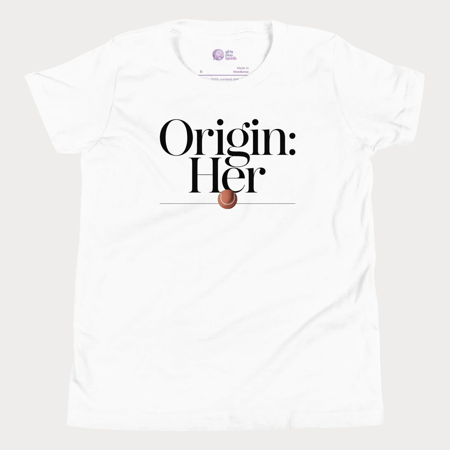 Origin Her tennis tee in white with bold black typography and tennis detail for women