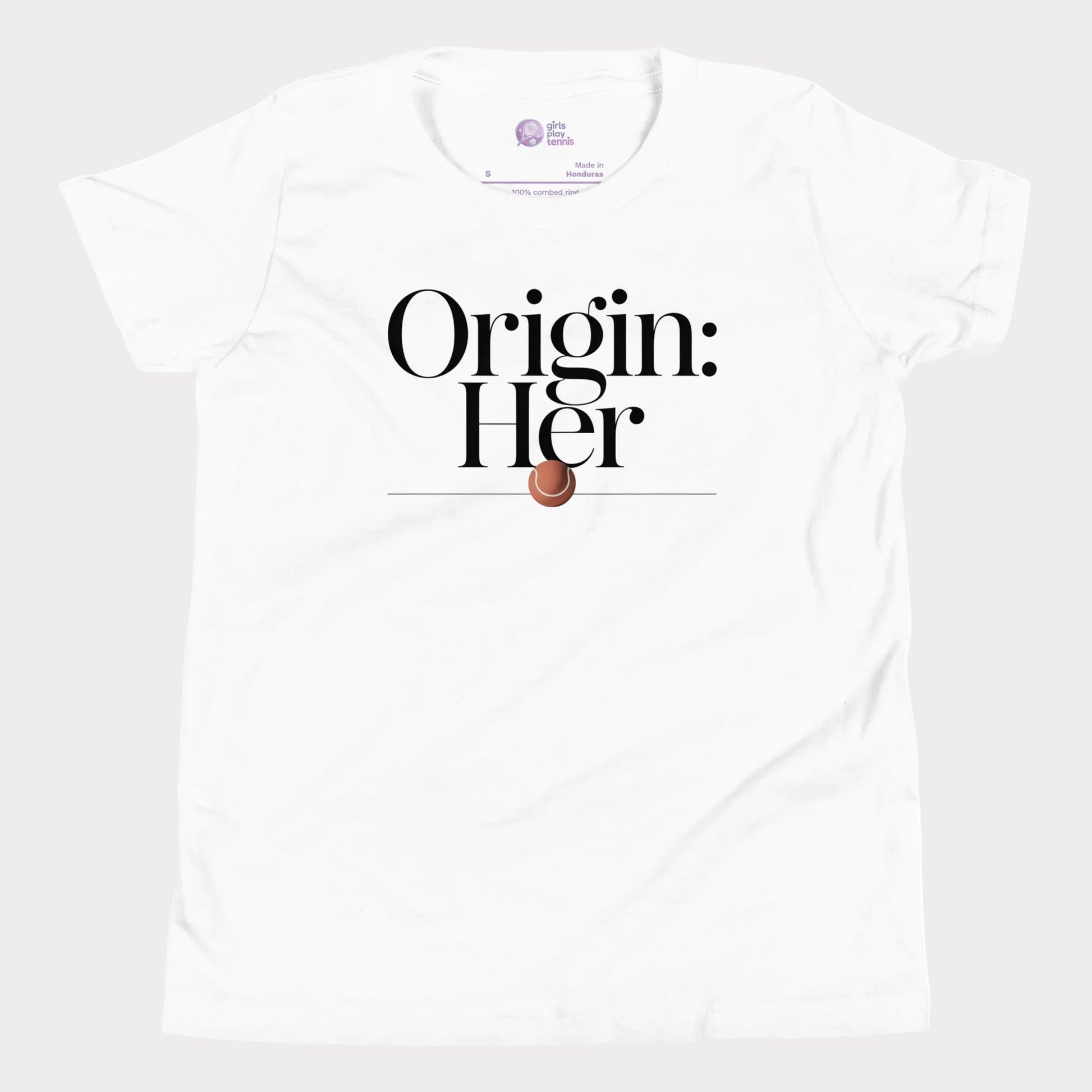 Origin Her tennis tee in white with bold black typography and tennis detail for women