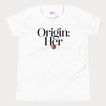 Origin Her tennis tee in white with bold black typography and tennis detail for women