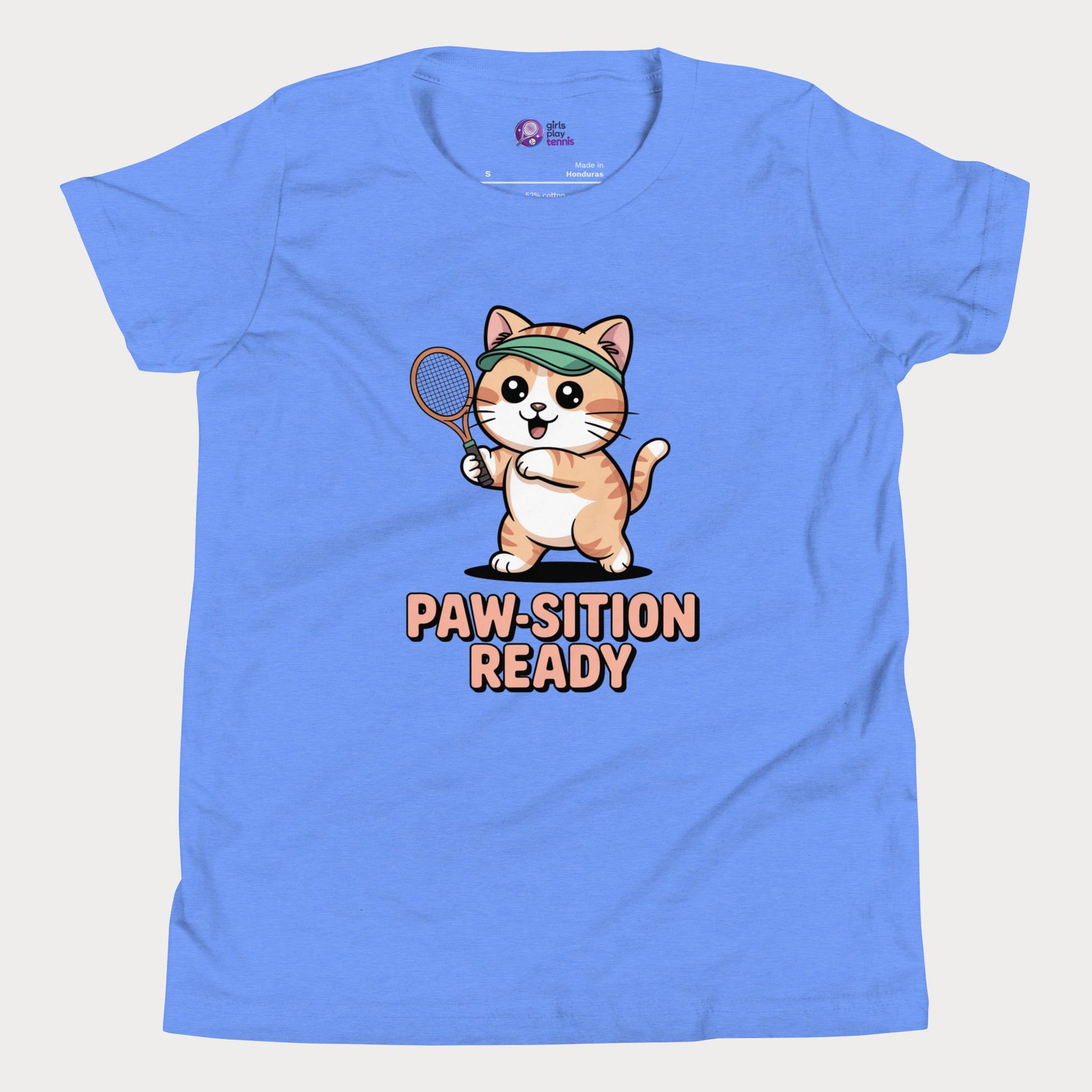 Blue t-shirt with a cartoon cat holding a tennis racket and 'PAW-SITION READY' text on a light gray background