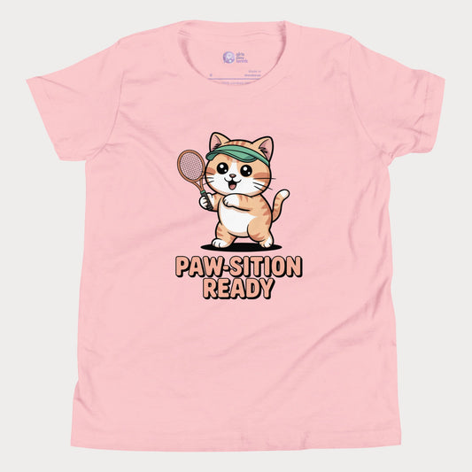 Pink t-shirt with a cartoon cat holding a tennis racket and 'PAW-sition READY' text on a light gray background
