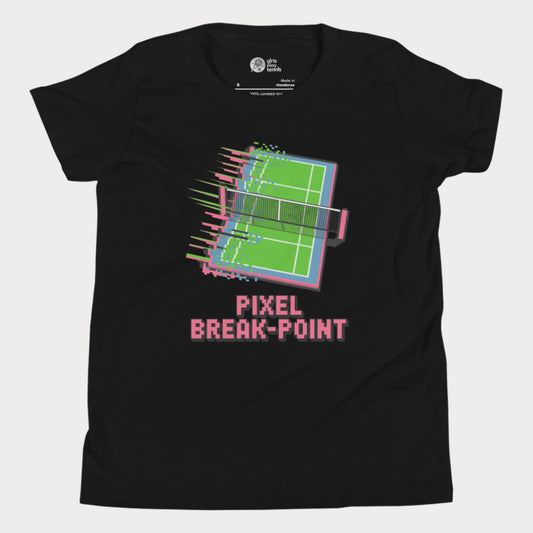 Pixel Breakpoint Tennis T-Shirt with pixelated tennis court glitch design for girls