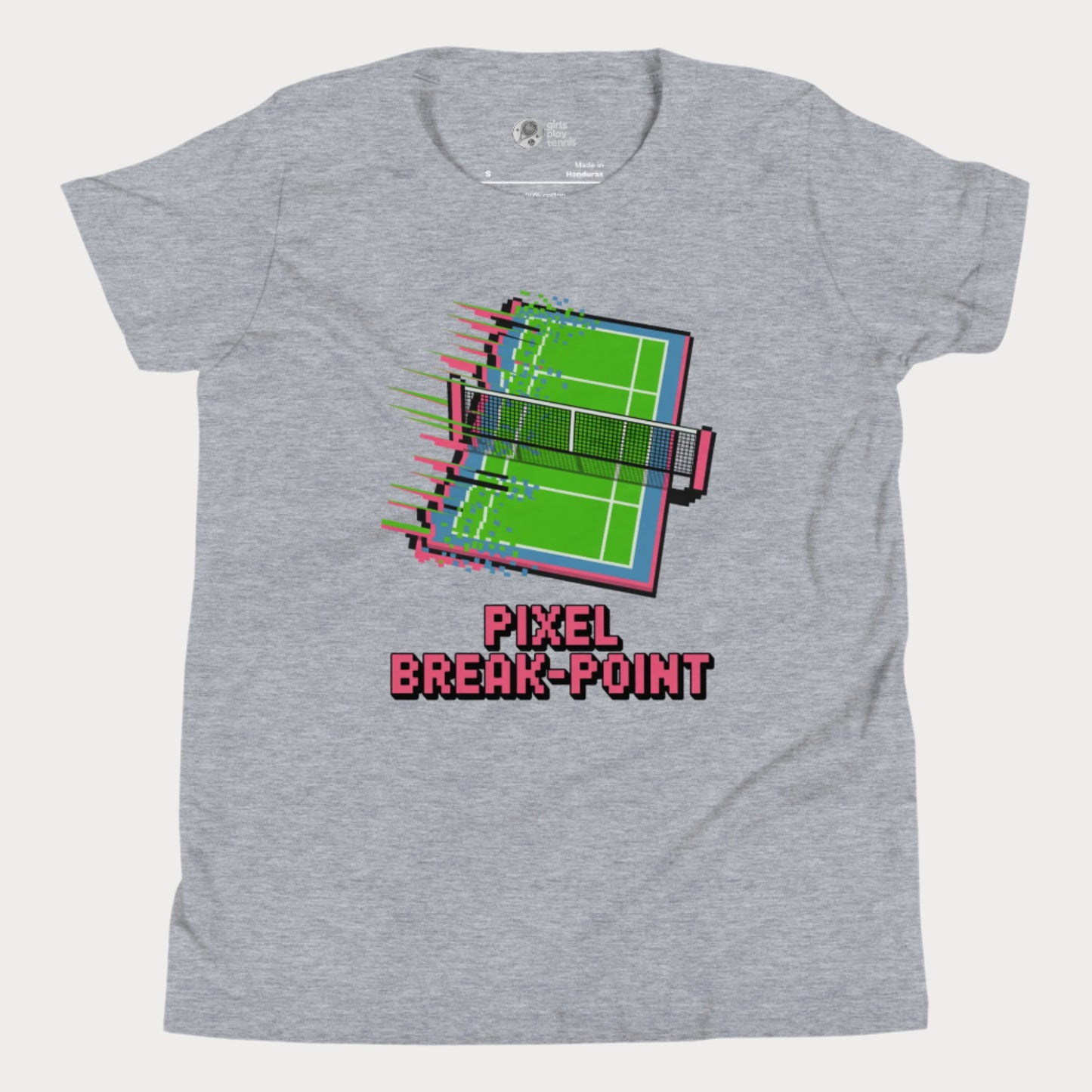 Pixel Breakpoint Tennis T-Shirt with pixelated tennis court glitch design for girls