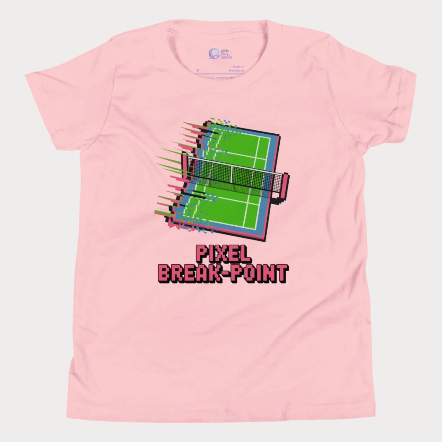 Pixel Breakpoint Tennis T-Shirt with pixelated tennis court glitch design for girls
