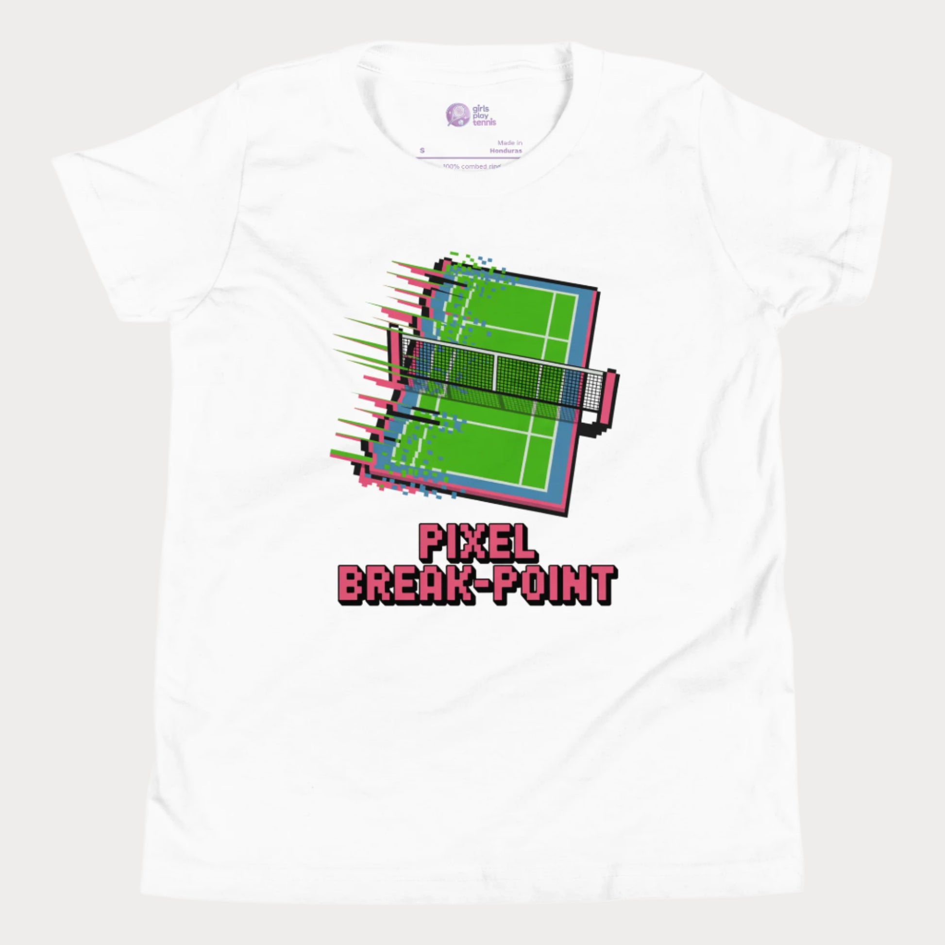 Pixel Breakpoint Tennis T-Shirt with pixelated tennis court glitch design for girls