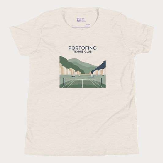 Portofino Tennis Club girls and women’s tennis tee in heather dust with coastal tennis court graphic premium cotton shirt