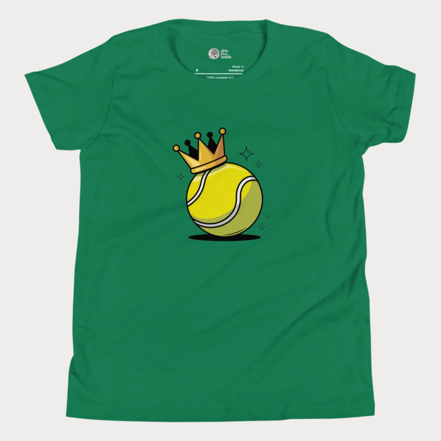 A green girls’ tennis t-shirt featuring a bold yellow tennis ball with a golden crown perched on top. This playful design celebrates young girls who rule the court with power and personality.