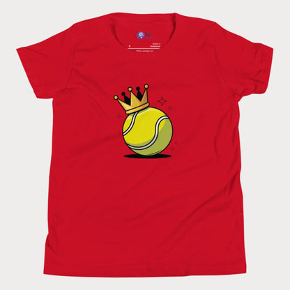 A red girls’ tennis t-shirt featuring a bold yellow tennis ball with a golden crown perched on top. This playful design celebrates young girls who rule the court with power and personality.