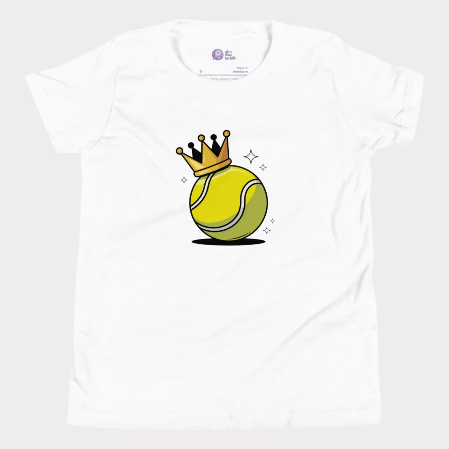 A white girls’ tennis t-shirt featuring a bold yellow tennis ball with a golden crown perched on top. This playful design celebrates young girls who rule the court with power and personality.
