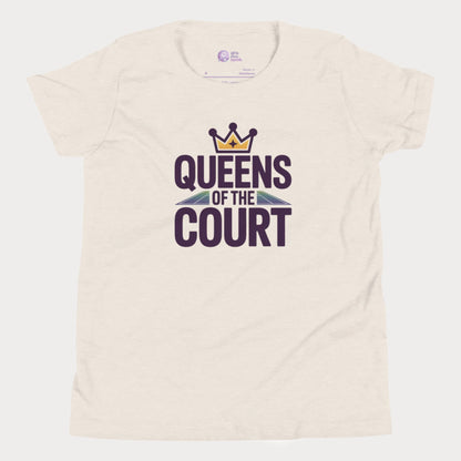 Girls tennis t-shirt with 'Queens of the Court' slogan, inspired by iconic Queens, NY summer tennis event.