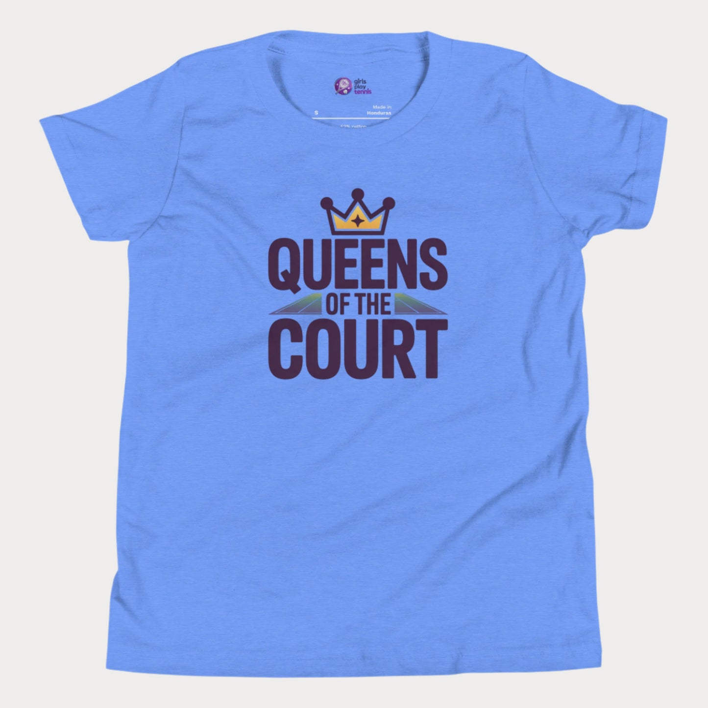 Girls tennis t-shirt with 'Queens of the Court' slogan, inspired by iconic Queens, NY summer tennis event.