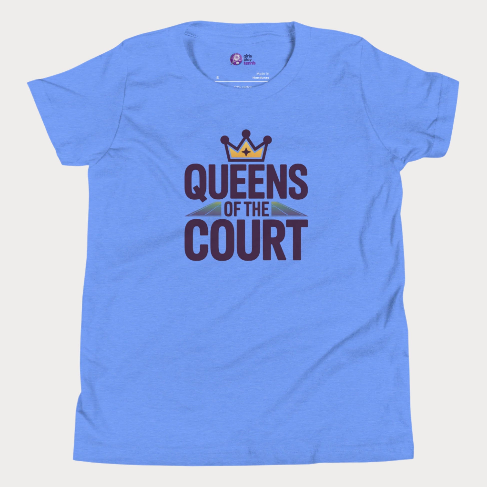 Girls tennis t-shirt with 'Queens of the Court' slogan, inspired by iconic Queens, NY summer tennis event.