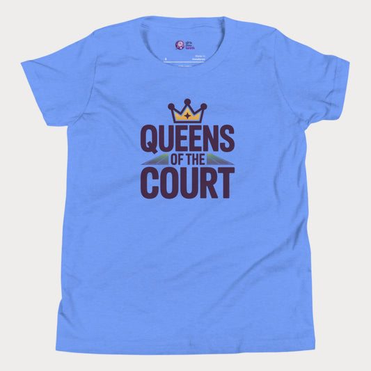 Girls tennis t-shirt with 'Queens of the Court' slogan, inspired by iconic Queens, NY summer tennis event.