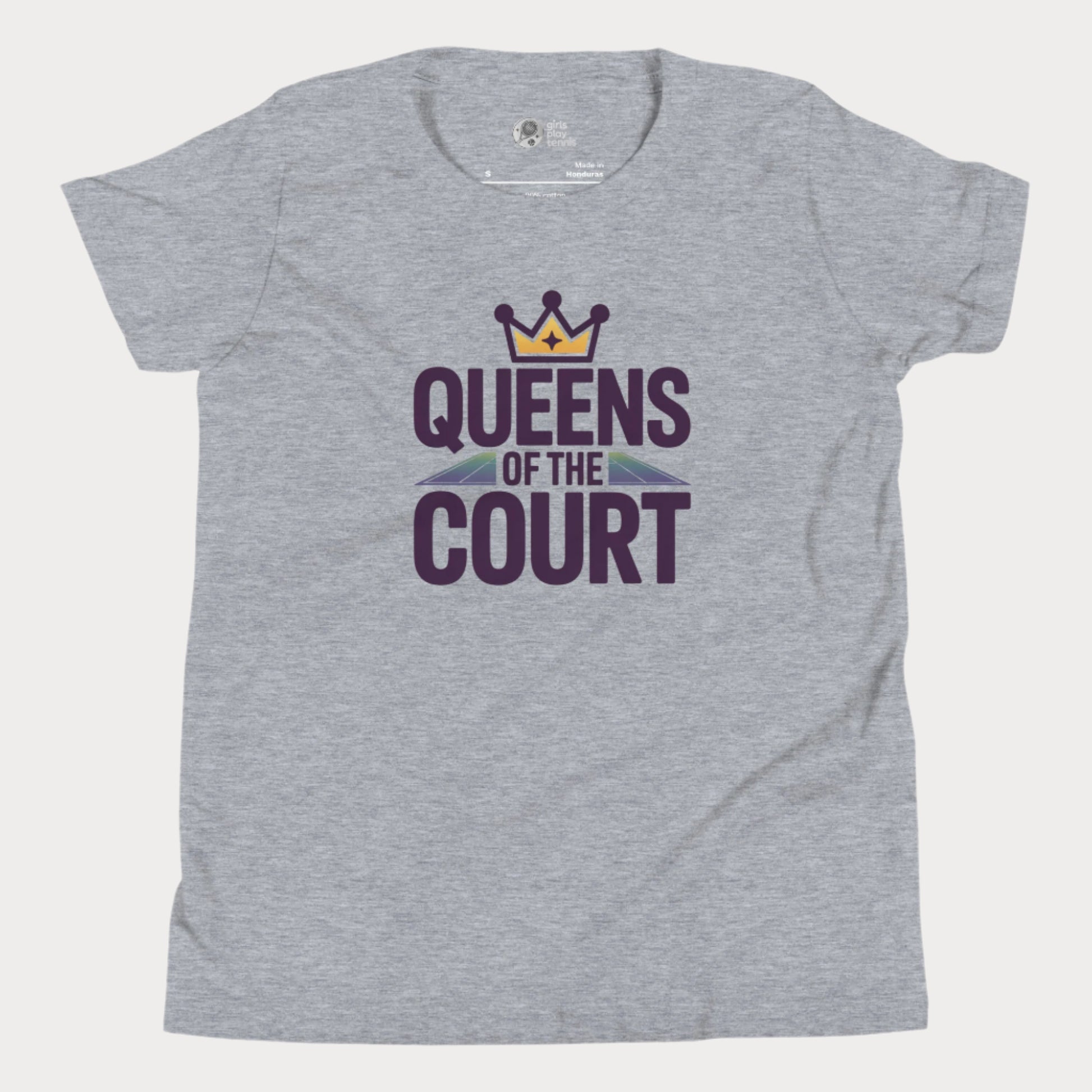 Girls tennis t-shirt with 'Queens of the Court' slogan, inspired by iconic Queens, NY summer tennis event.