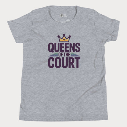 Girls tennis t-shirt with 'Queens of the Court' slogan, inspired by iconic Queens, NY summer tennis event.