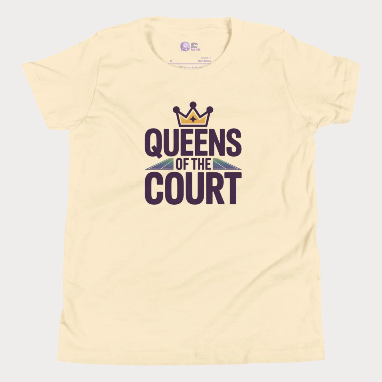 Girls tennis t-shirt with 'Queens of the Court' slogan, inspired by iconic Queens, NY summer tennis event.