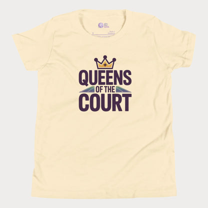 Girls tennis t-shirt with 'Queens of the Court' slogan, inspired by iconic Queens, NY summer tennis event.