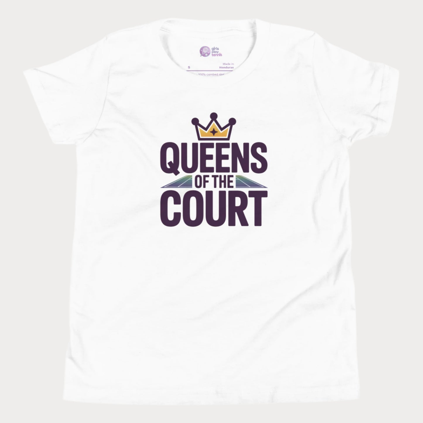 Girls tennis t-shirt with 'Queens of the Court' slogan, inspired by iconic Queens, NY summer tennis event.