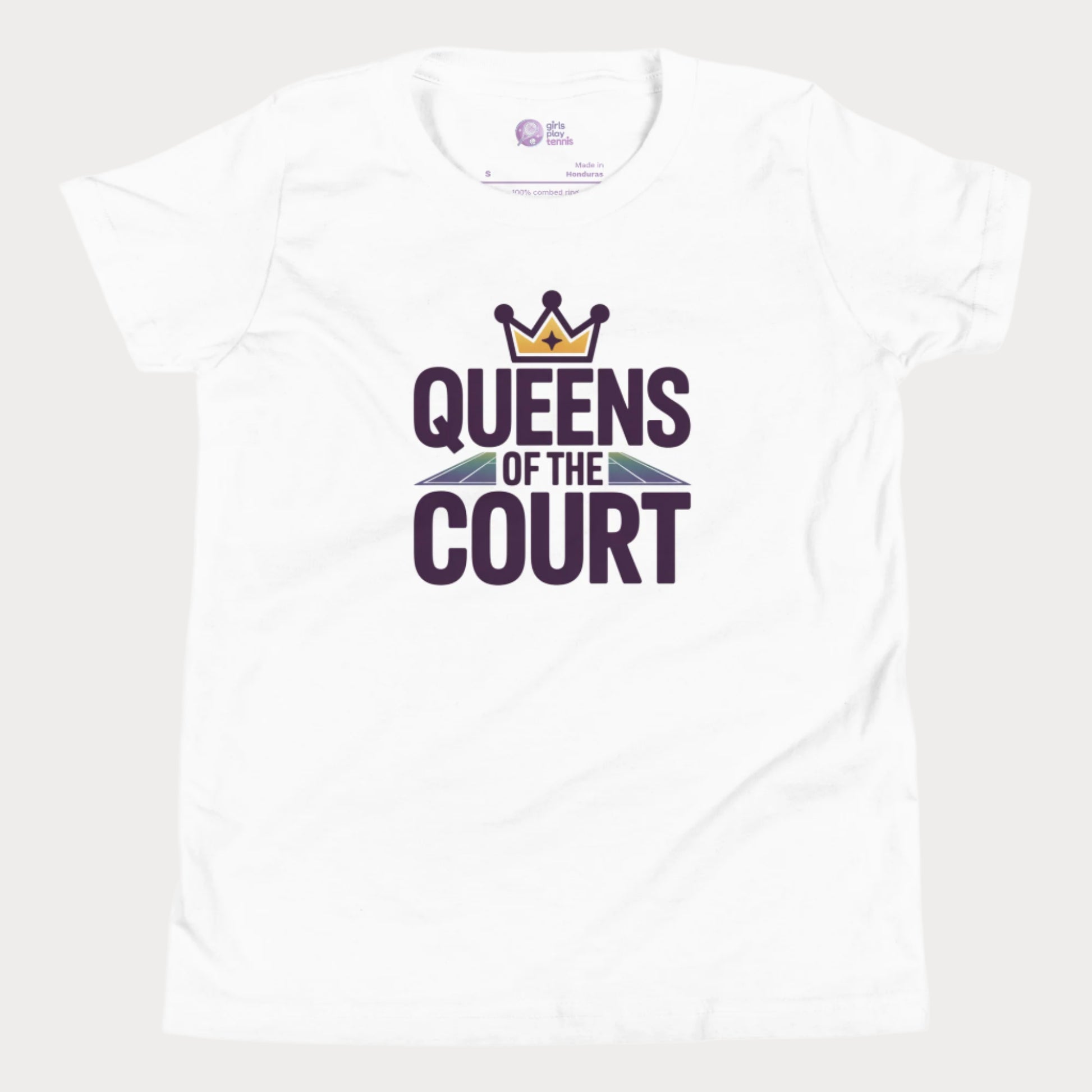 Girls tennis t-shirt with 'Queens of the Court' slogan, inspired by iconic Queens, NY summer tennis event.