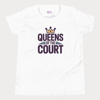 Girls tennis t-shirt with 'Queens of the Court' slogan, inspired by iconic Queens, NY summer tennis event.