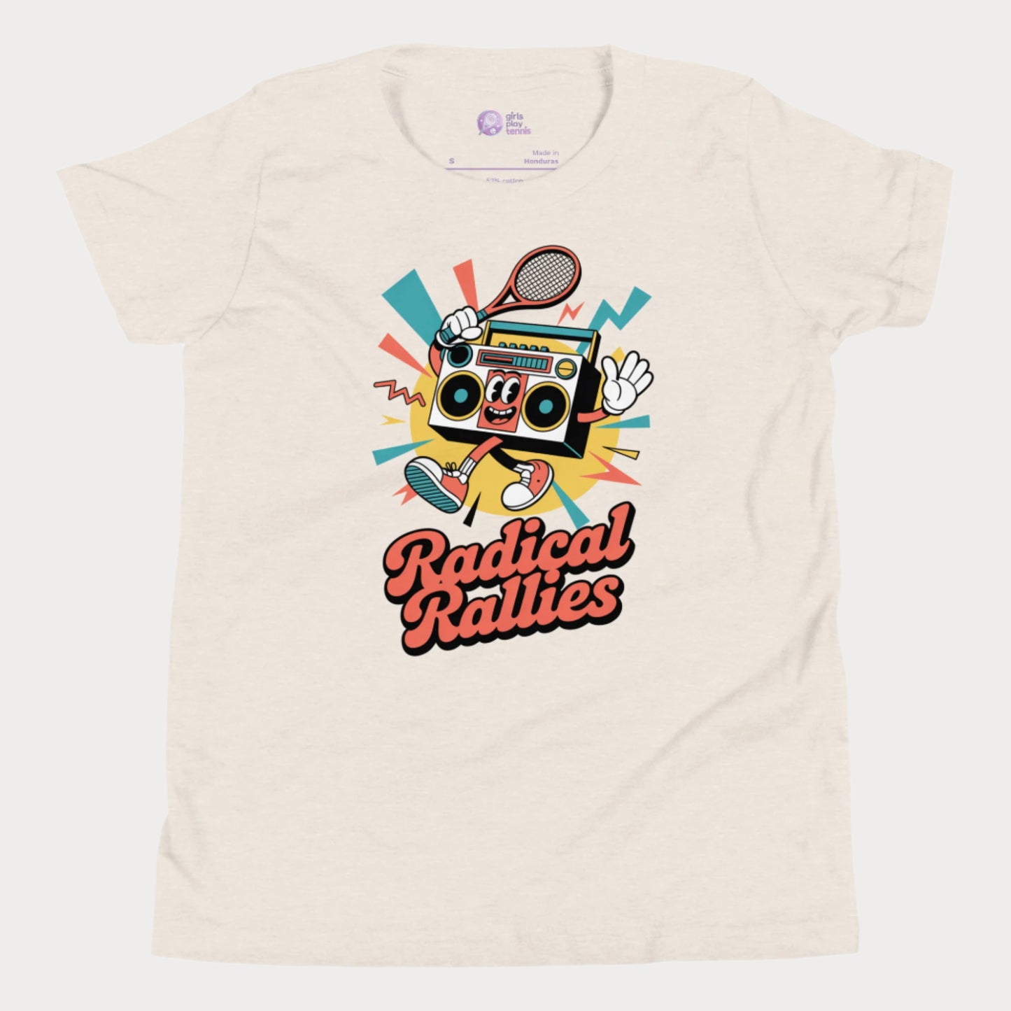 Radical Rallies retro tennis t-shirt with vintage font and boombox character