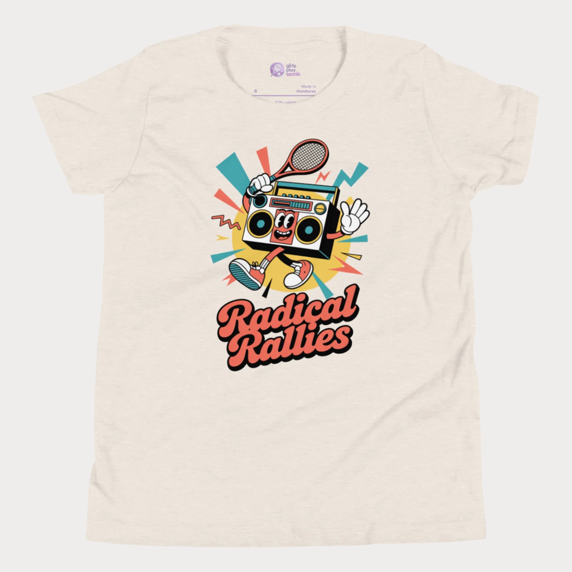 Radical Rallies retro tennis t-shirt with vintage font and boombox character