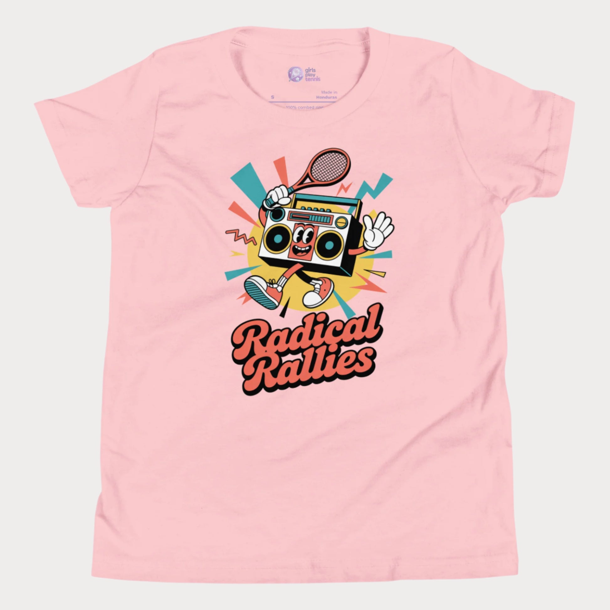Radical Rallies retro tennis t-shirt with vintage font and boombox character