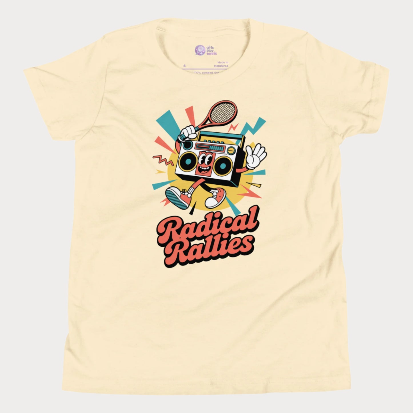 Radical Rallies retro tennis t-shirt with vintage font and boombox character